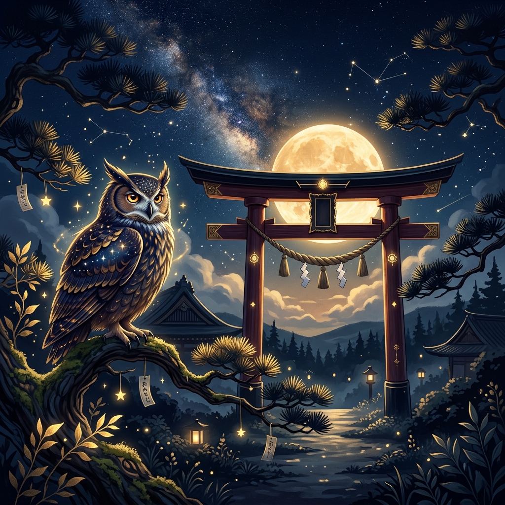 神秘的なフクロウと月